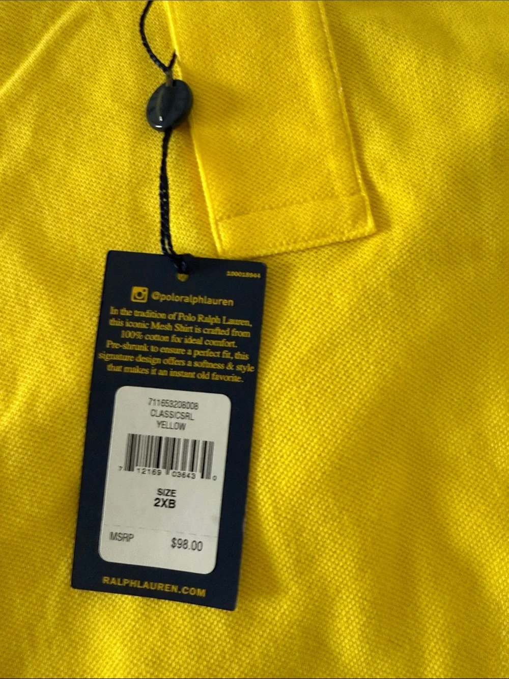 NWT Cotton Mesh Polo by Ralph Lauren Men’s Yellow Polo Shirt with Pony, 2XB - Picture 2 of 7